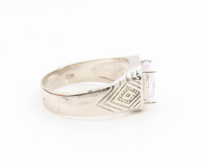 925 Sterling Silver Vintage Ring Classic CZ Etched Geometric Band Sz 12 RG35153