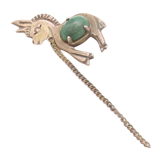 925 Sterling Silver Vintage Brooch Pin Dark Tone Carved Gemstone Unicorn BP11428