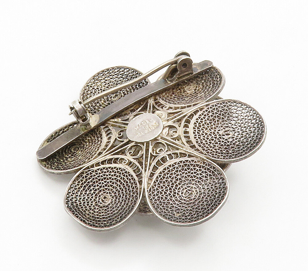 MEXICO 925 Sterling Silver  Vintage Filigree Flower Motif Brooch Pin  BP5897