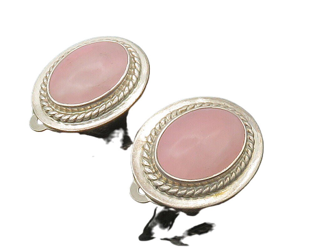 AIS MEXICO 925 Silver  Vintage Cabochon Rose Quartz Non Pierce Earrings EG8689