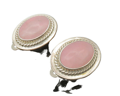 AIS MEXICO 925 Silver  Vintage Cabochon Rose Quartz Non Pierce Earrings EG8689