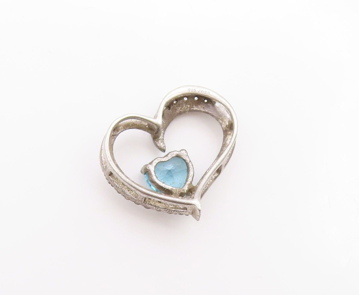 925 Sterling Silver Vintage Pendant Blue Topaz Tilted Love Heart Charm  PT25065