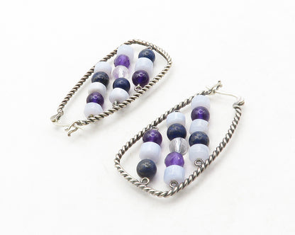 925 Silver  Vintage Agate Lapis Lazuli & Amethyst Beaded Hoop Earrings  EG6802
