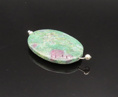 925 Sterling Silver  Vintage Beaded Oval Green Jasper Pendant  PT21011