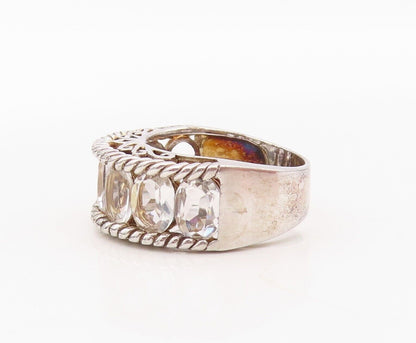 925 Sterling Silver Vintage Ring Rope Carved Oval Topaz band  Sz 8  RG29964