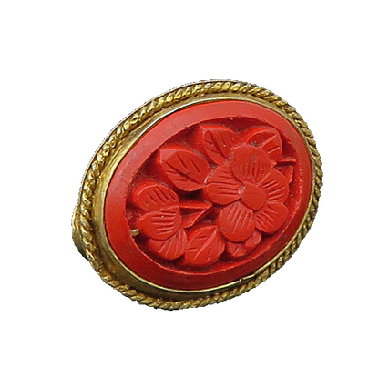 CHINESE 925 Sterling Silver  Vintage Floral Carved Cinnabar Pendant  PT17558