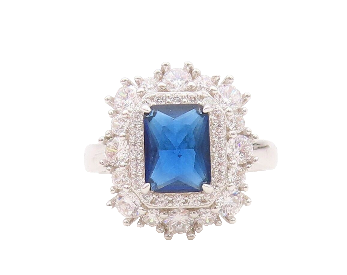 925 Sterling Silver Vintage Ring Rectangle Cut Sapphire Halo CZ  Sz 7  RG29986