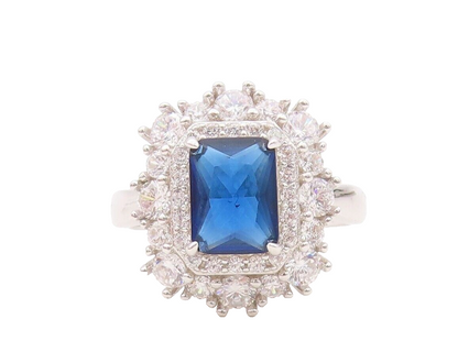 925 Sterling Silver Vintage Ring Rectangle Cut Sapphire Halo CZ  Sz 7  RG29986