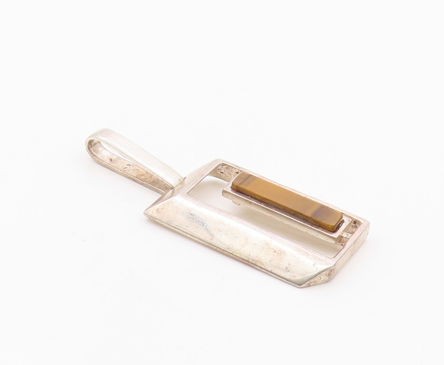925 Sterling Silver  Vintage Open 3D Rectangle & Tiger's Eye Pendant  PT21816