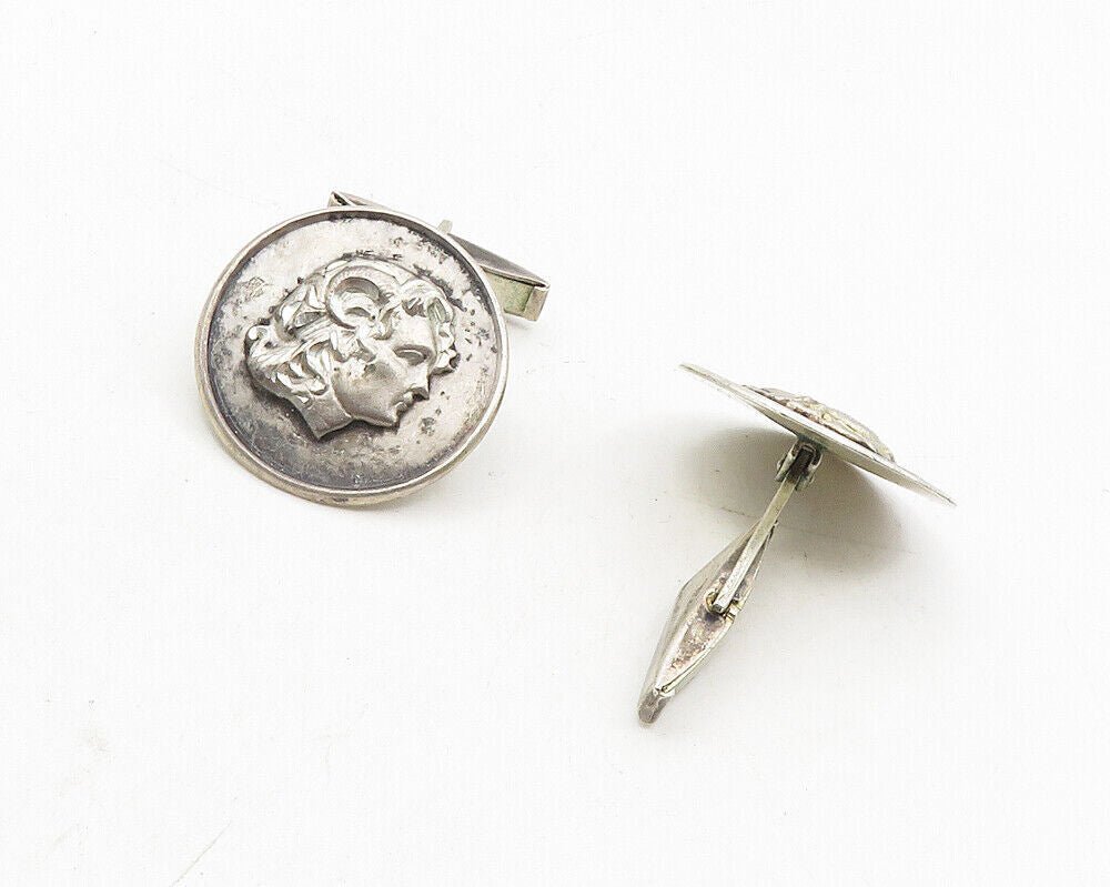 925 Sterling Silver  Vintage Oxidized Face Profile Round Cuff Links  TR1725