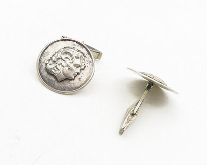 925 Sterling Silver  Vintage Oxidized Face Profile Round Cuff Links  TR1725