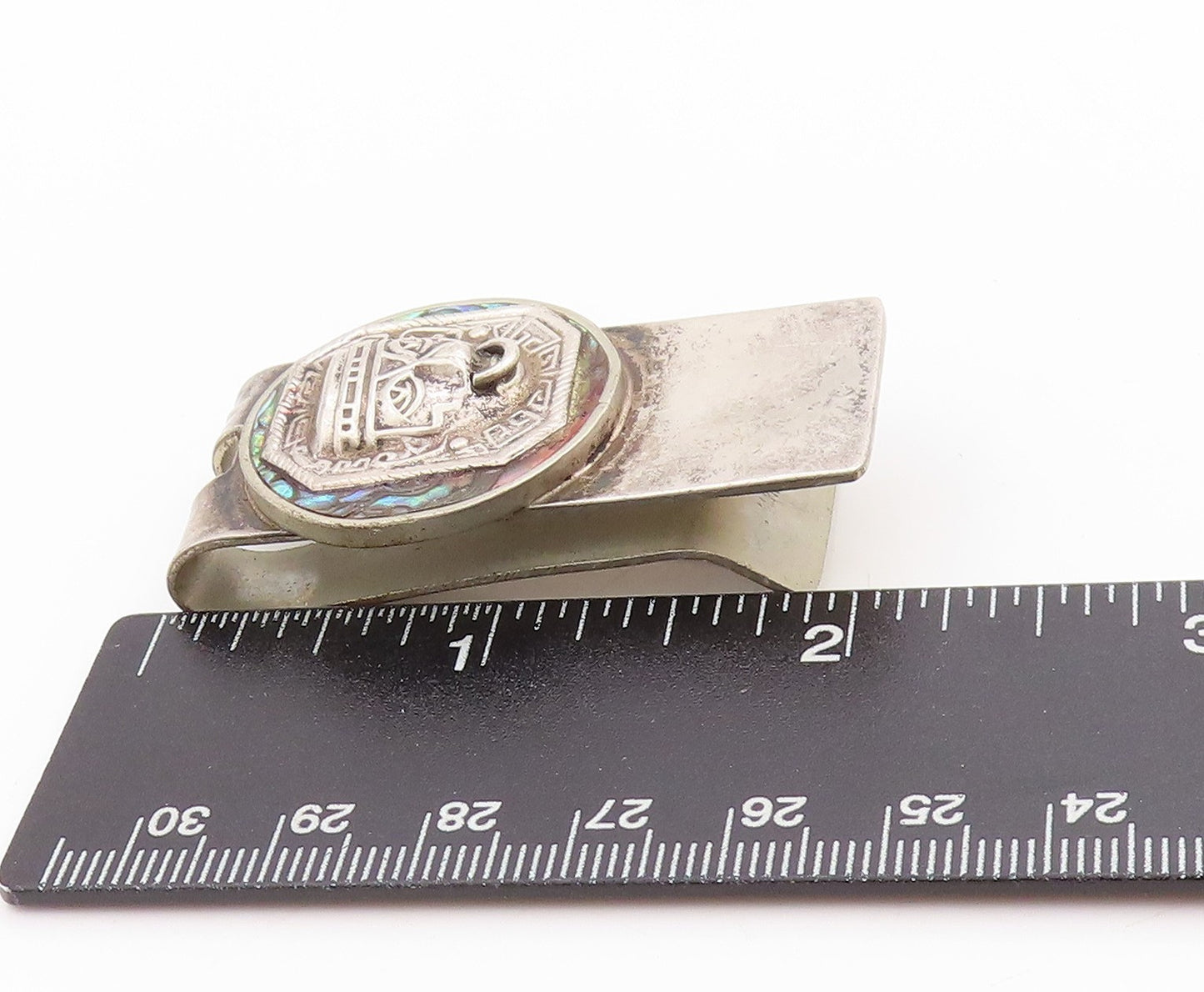 925 Sterling Silver Vintage Money Clip Abalone Inlay Aztec Sun God Motif  TR3970