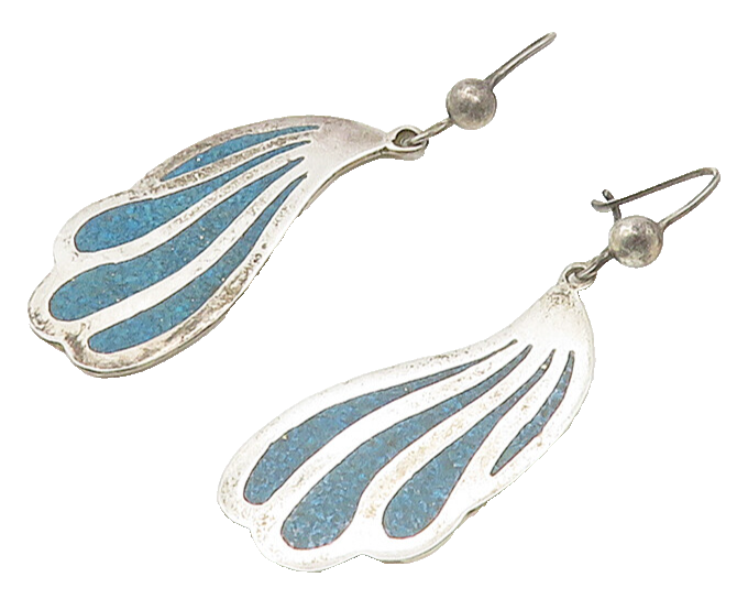MEXICO 925 Sterling Silver  Vintage Inlaid Turquoise Dangle Earrings  EG7981