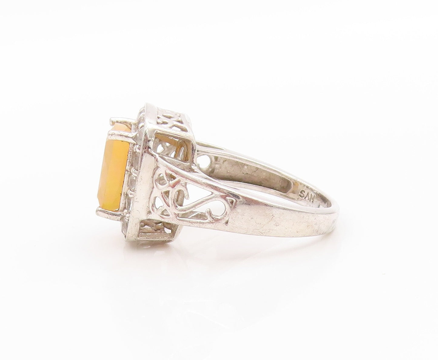 925 Sterling Silver Vintage Ring Fire Opal & Halo CZ Inlay Band  Sz 6.5  RG33479