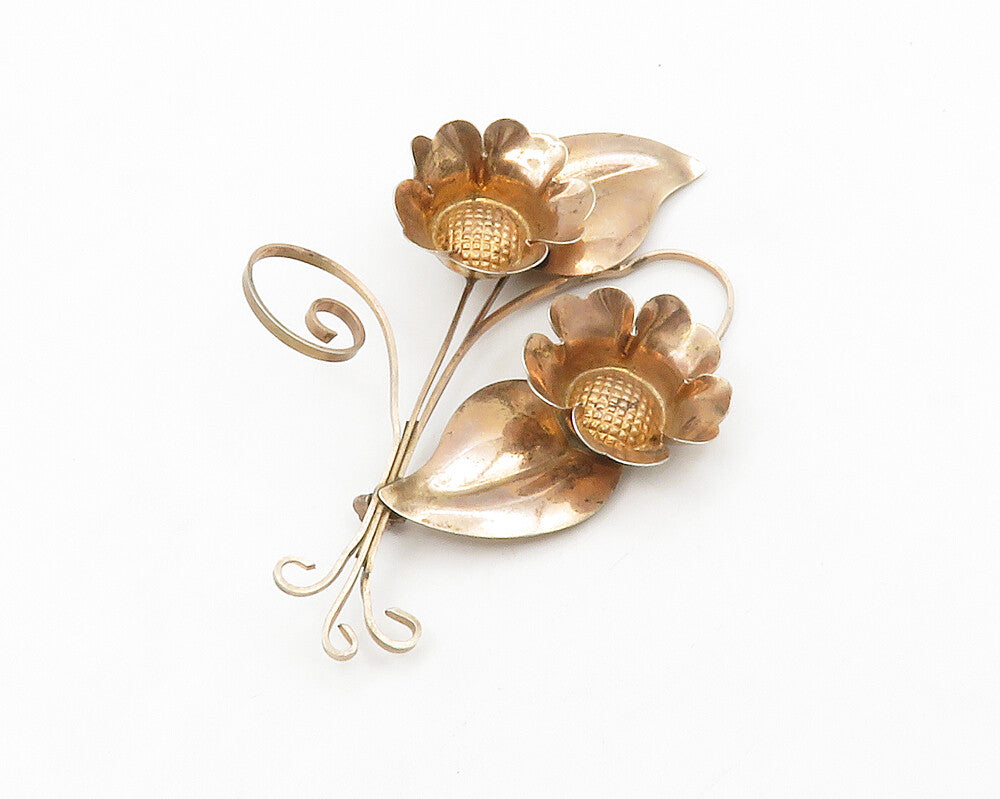 TRUART 925 Sterling Silver  Vintage Copper Tone Flowers Brooch Pin  BP5183