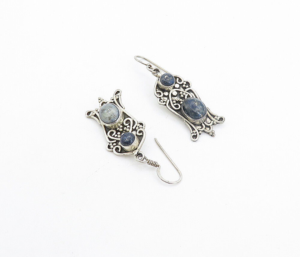 925 Sterling Silver  Vintage Cabochon Cut Lapis Lazuli Dangle Earrings  EG3445