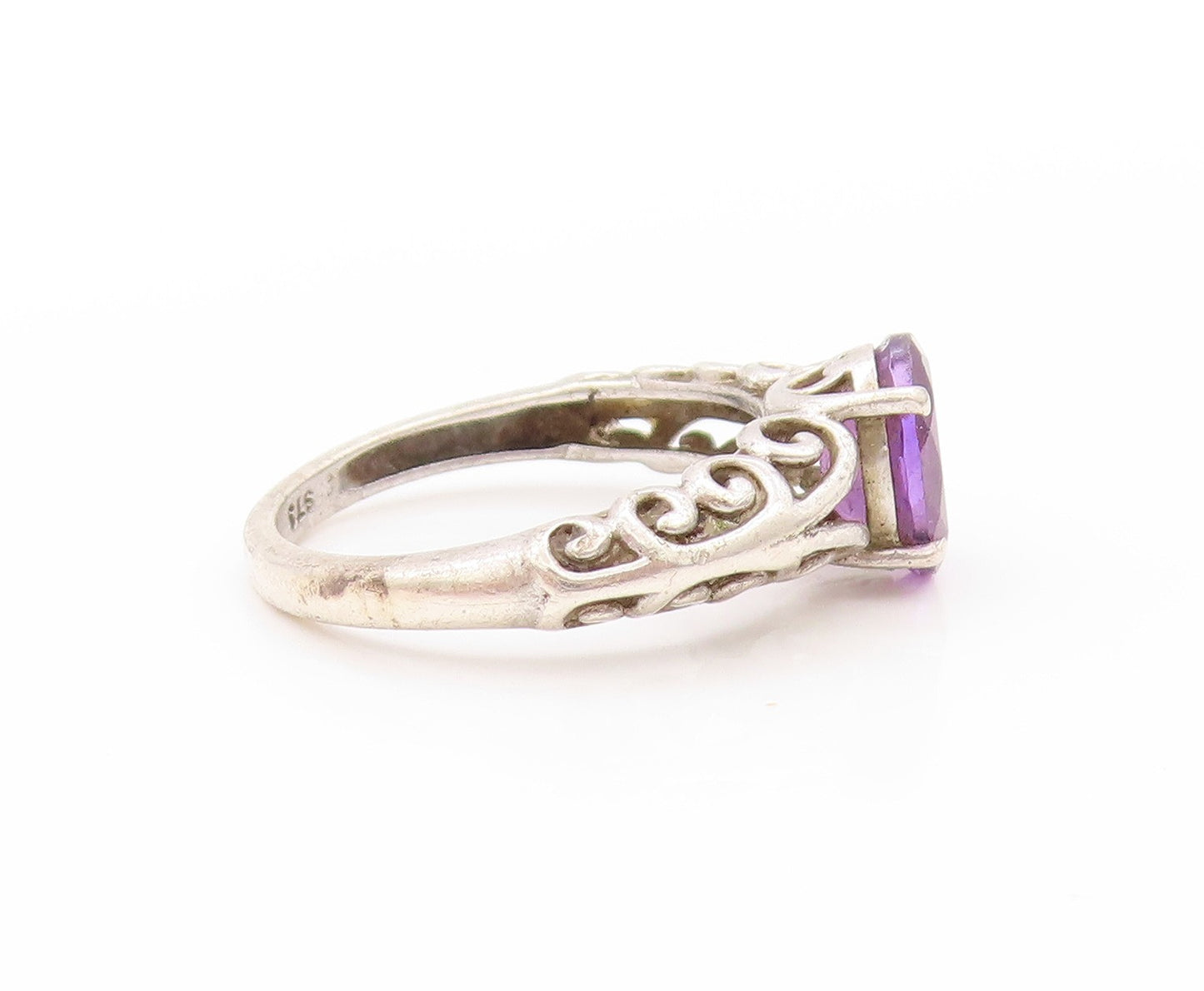 925 Sterling Silver Vintage Ring Amethyst Swirls Cutout Band  Sz 5  RG32977