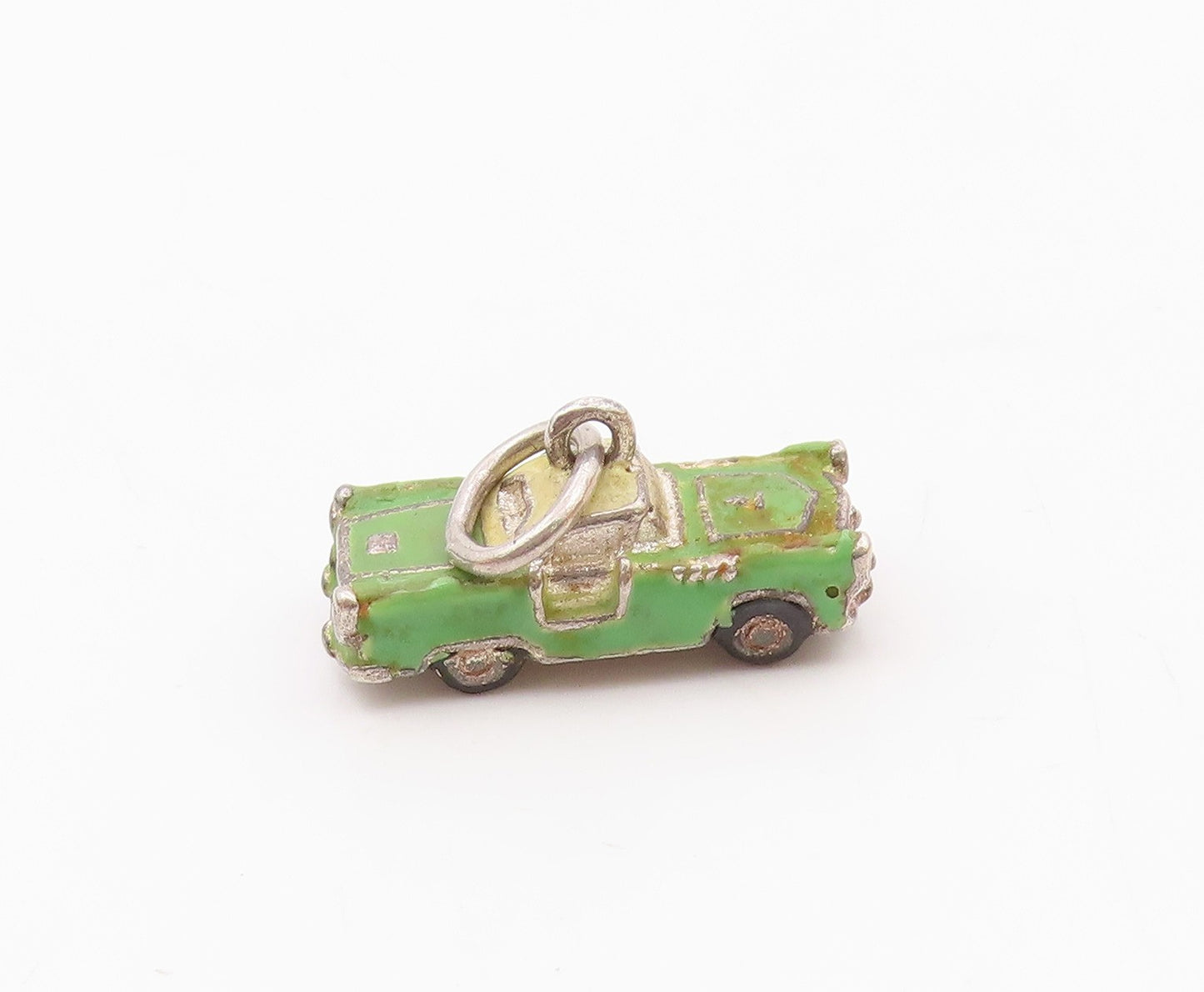 925 Silver  Vintage Green & Yellow Enamel Old Fashion Car Pendant  PT19872