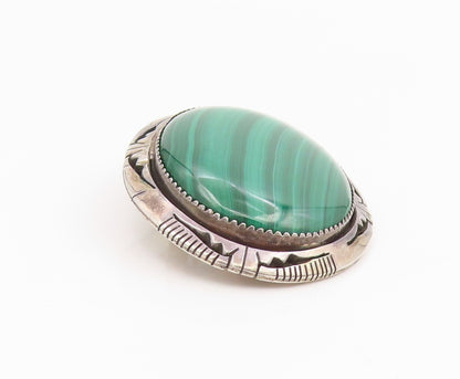 925 Sterling Silver Vintage Brooch Pin NAVAJO Oval Cabochon Malachite  BP12341