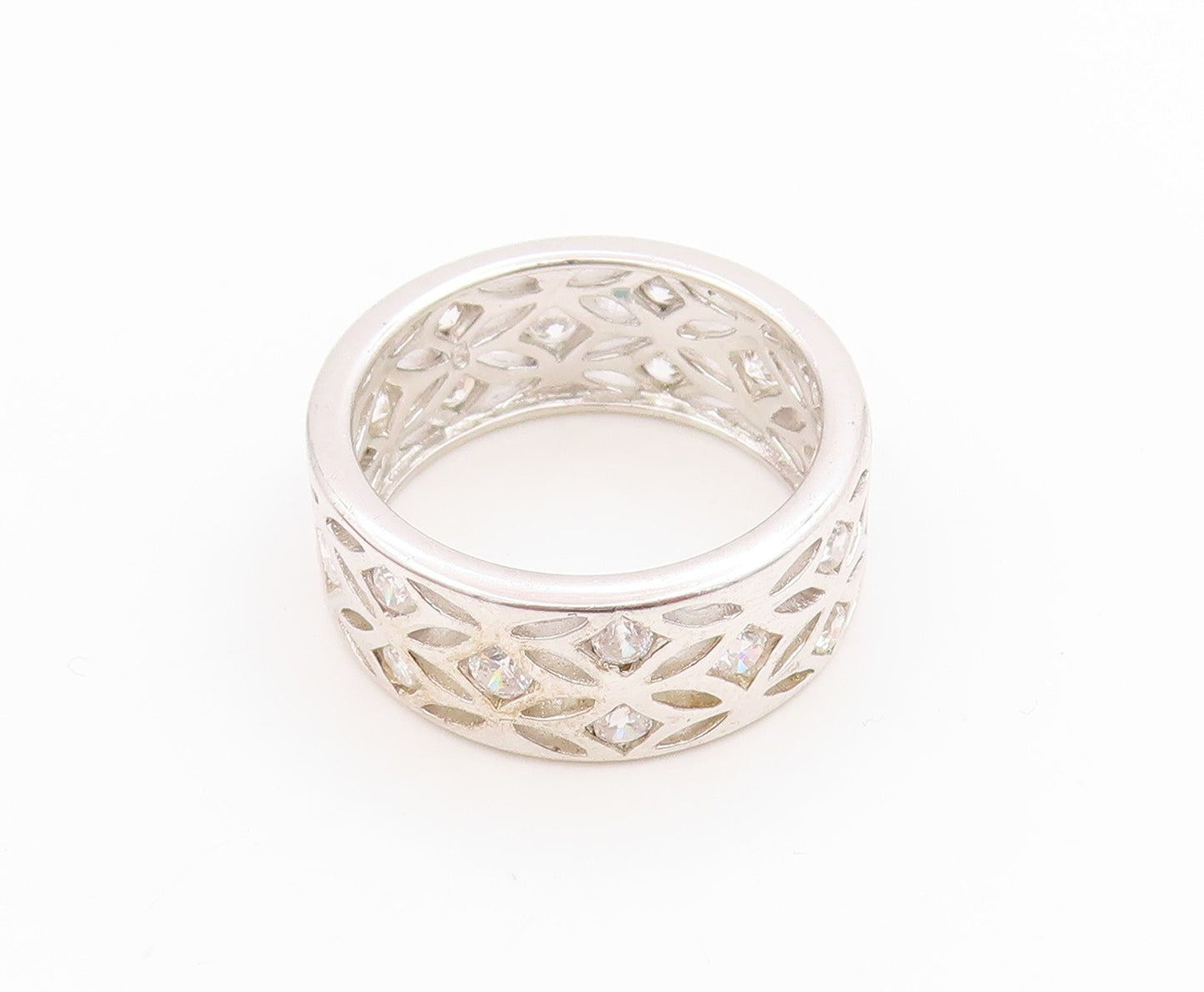 925 Sterling Silver Vintage Ring CZ Openwork Lattice Wide Band  Sz 8  RG35946