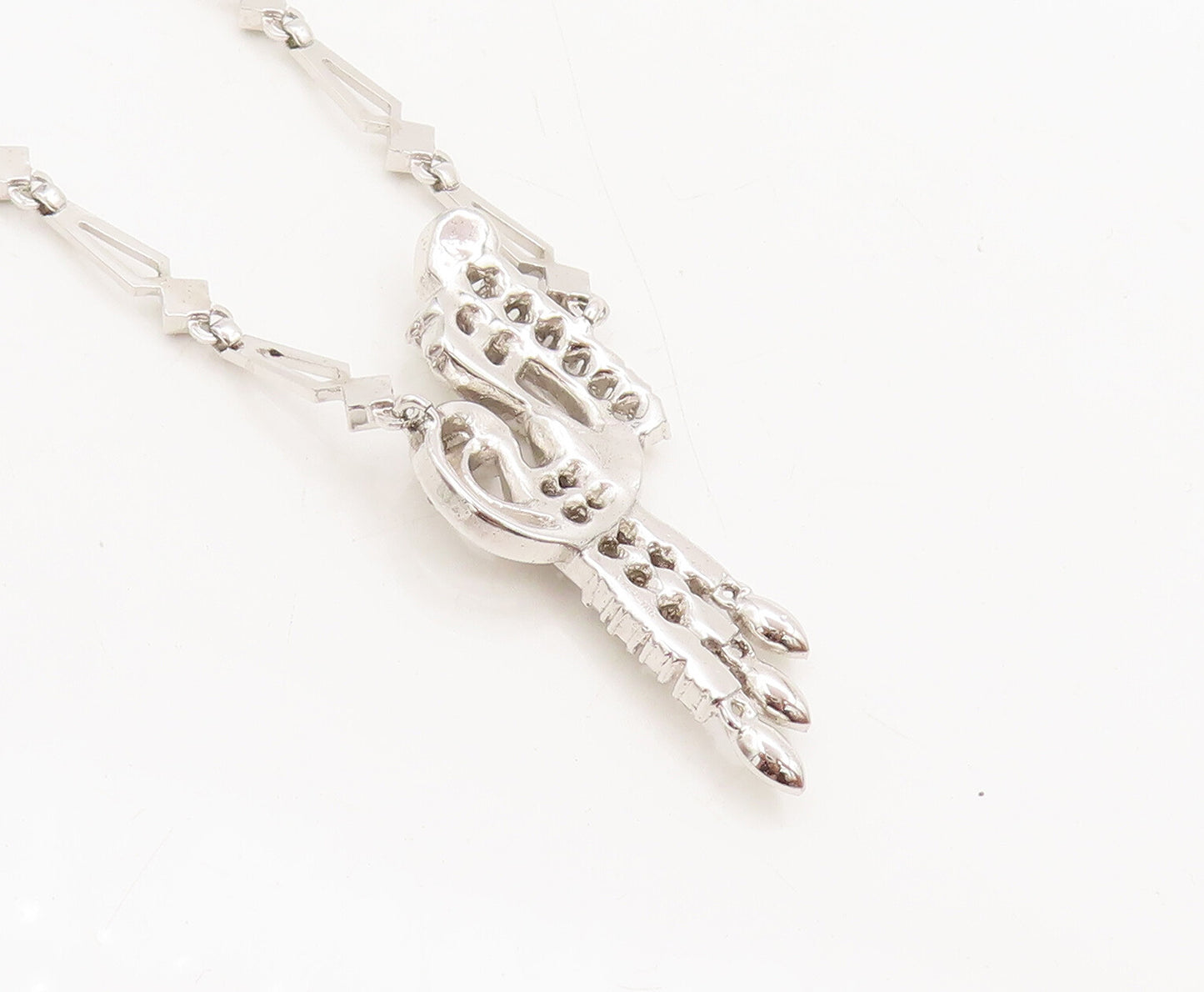925 Sterling Silver  Vintage Swirly Rhinestone Musical Note Necklace  NE4076