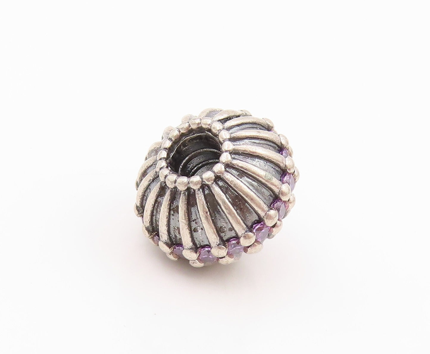925 Sterling Silver Vintage Pendant PANDORA Amethyst Inlay Grooved Bead  PT24188