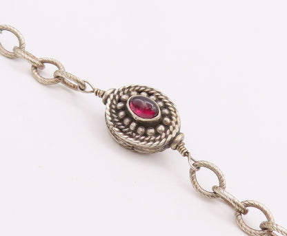 925 Sterling Silver Vintage Bracelet Beaded & Roped Oval Garnet  BT10631