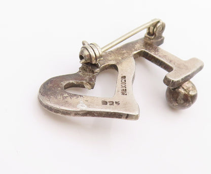 925 Sterling Silver Vintage Brooch Minimalist Open Love Heart Key Pin  BP12151