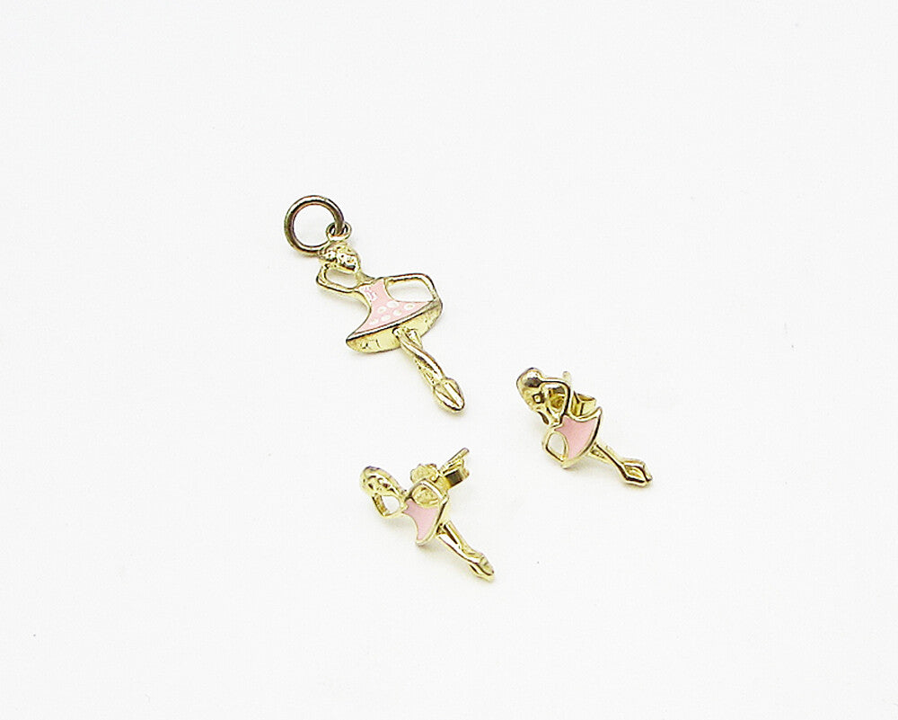 Gold Over 925 Silver  Enamel Dancing Ballerina Pendant & Earrings Set  TR1004