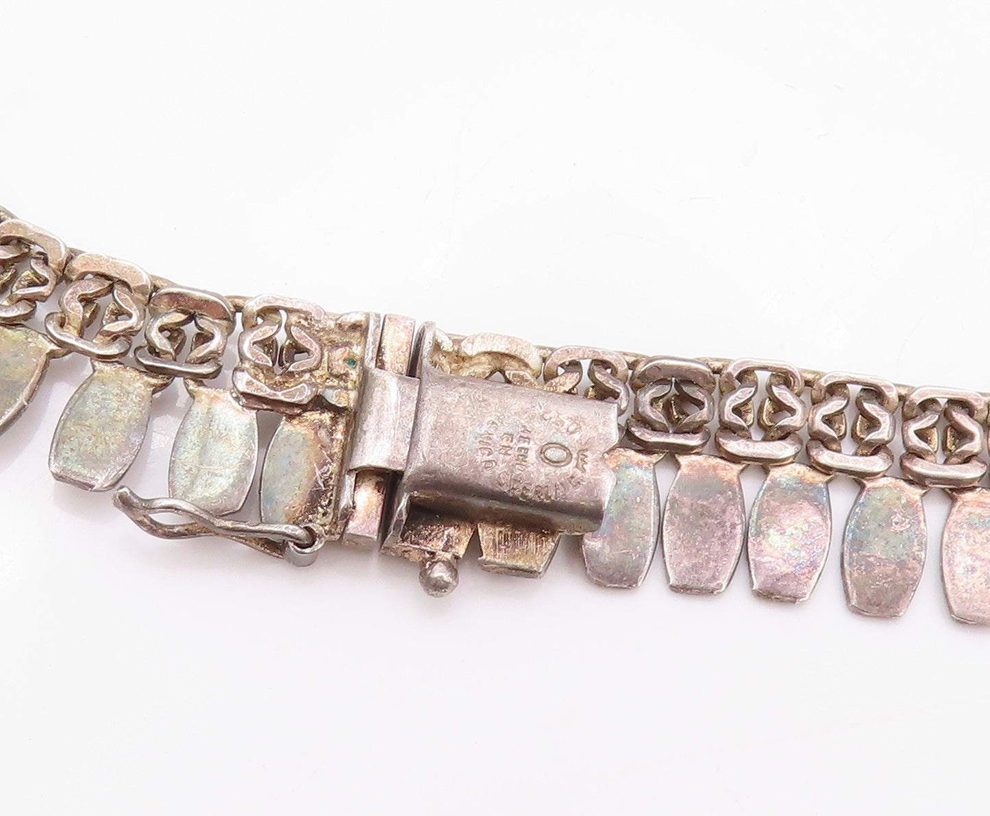 925 Sterling Silver Vintage Necklace Carved Small Flat Rectangular Links  NE4572