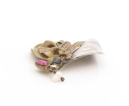 925 Sterling Silver Vintage Brooch Multi Gemstone Modernist Sailboat Pin BP11878