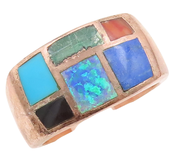 925 Sterling Silver Vintage Ring Multiple Gemstones Rectangle Inlay Sz 8 RG28707
