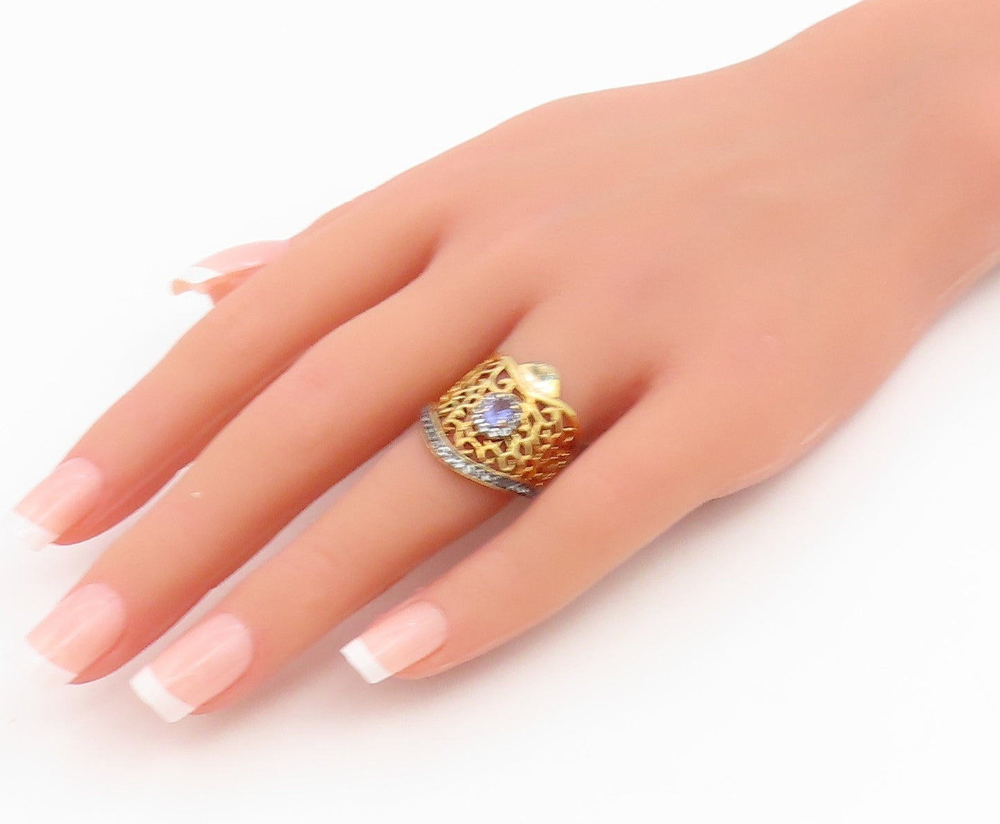 925 Sterling Silver Vintage Ring Gold Plated Real Topaz Openwork Sz 6.5 RG34967