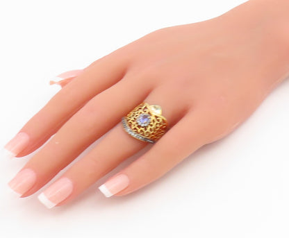925 Sterling Silver Vintage Ring Gold Plated Real Topaz Openwork Sz 6.5 RG34967