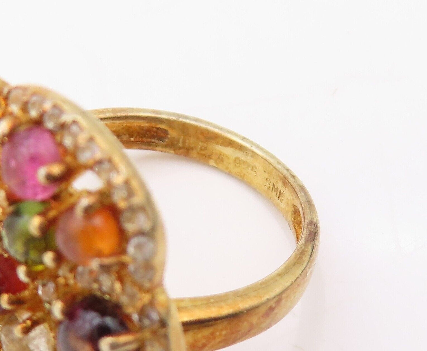 925 Sterling Silver Vintage Ring Gold Plated Cabochon Gemstones  Sz 7  RG29973