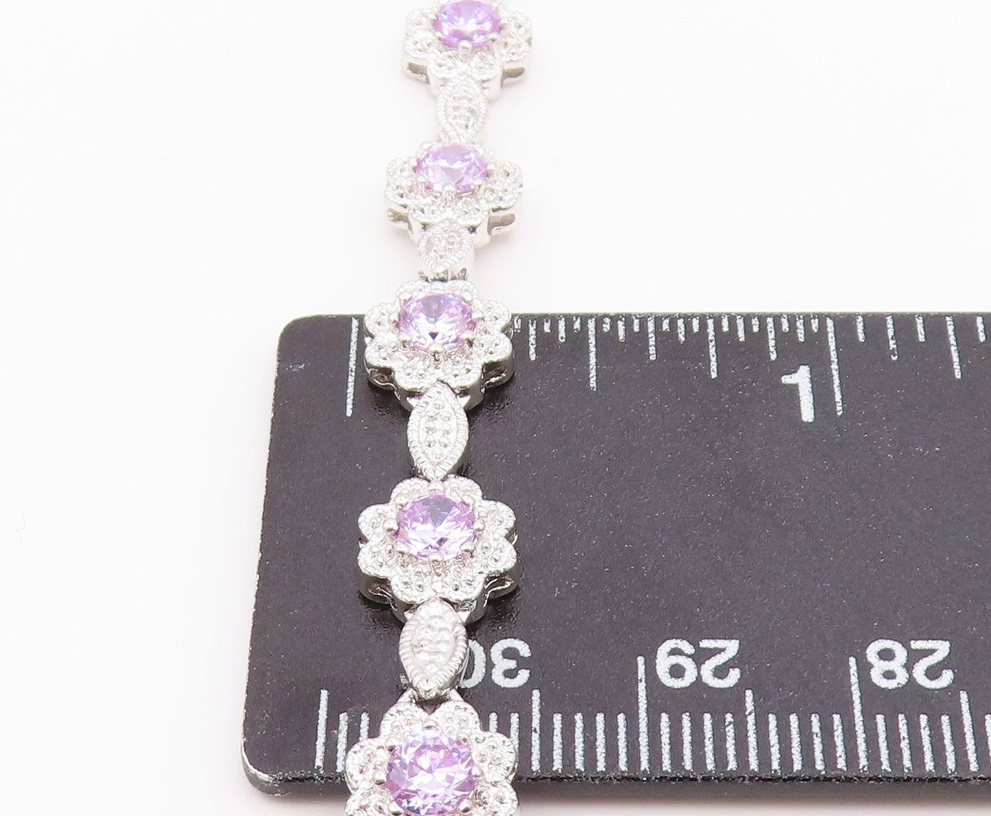 925 Sterling Silver  Shiny Purple Cubic Zirconia Floral Chain Bracelet  BT7366