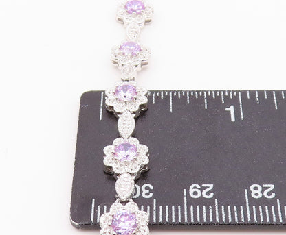 925 Sterling Silver  Shiny Purple Cubic Zirconia Floral Chain Bracelet  BT7366