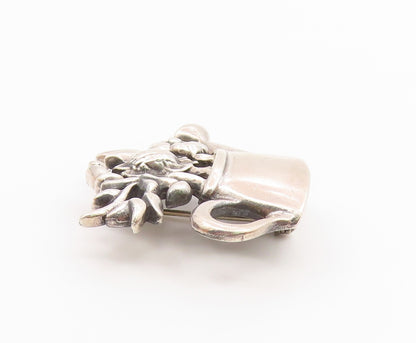 925 Sterling Silver  Vintage Shiny Watering Can With Flowers Brooch Pin BP3519