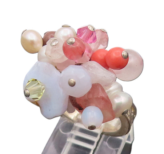 925 Sterling Silver  Vintage Beaded Multicolor Bouquet Ring Sz 5.74  RG26665