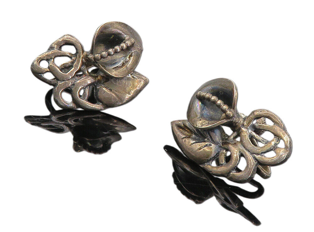 925 Sterling Silver  Vintage Dark Tone Floral Leaf Non Pierce Earrings  EG4048