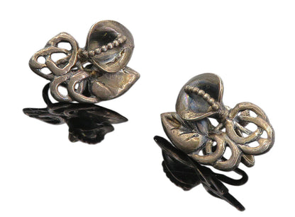 925 Sterling Silver  Vintage Dark Tone Floral Leaf Non Pierce Earrings  EG4048