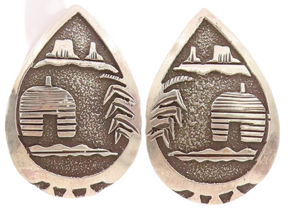 925 Sterling Silver Vintage Earrings BB NAVAJO Dark Tone Landscape  EG13281