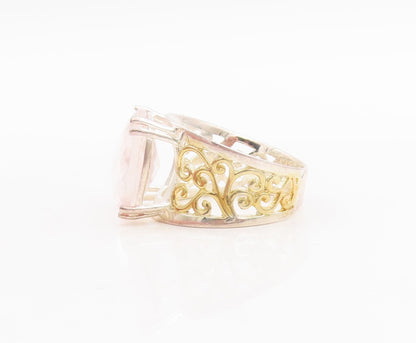 925 Sterling Silver Vintage Ring Gold Plated Swirly Cut Rose Quartz Sz 7 RG29226