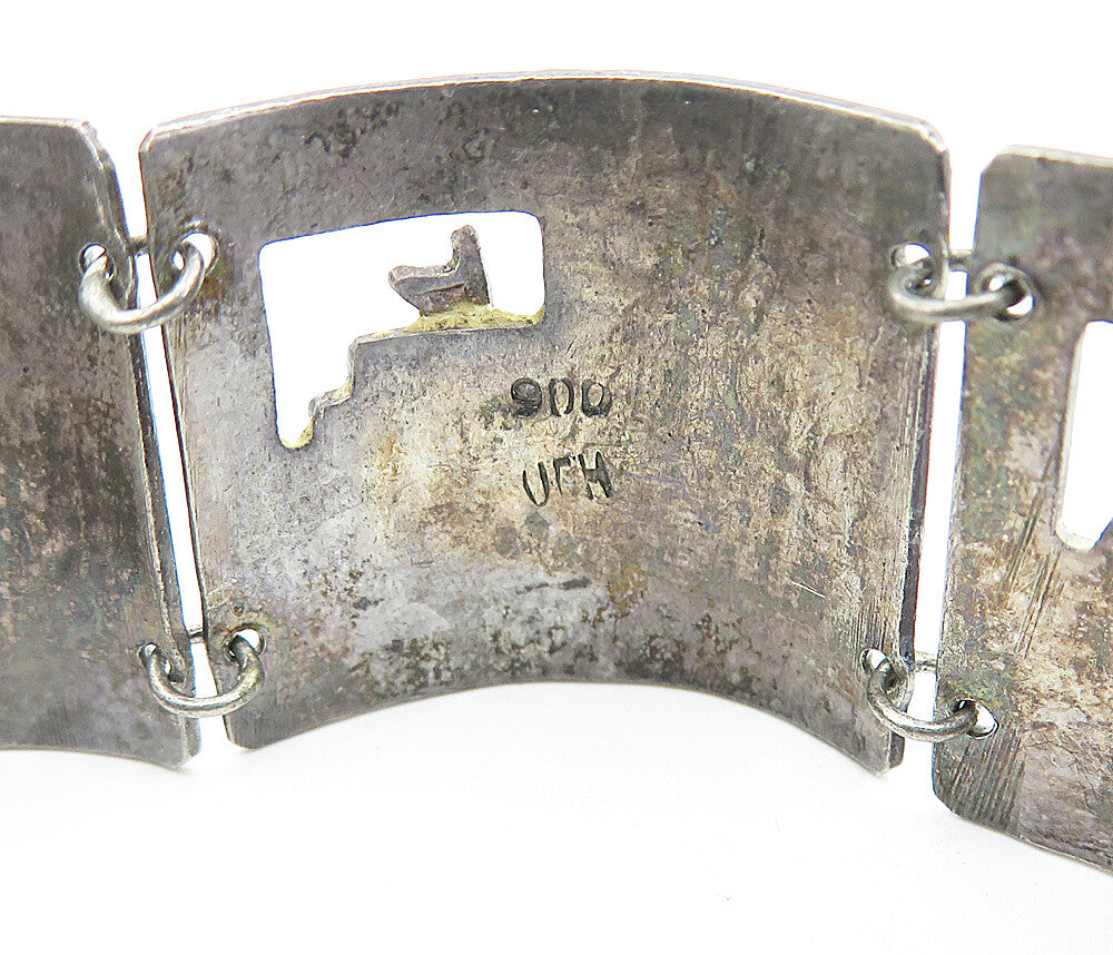 925 Sterling Silver  Vintage Antique Alpaca Scene Curved Chain Bracelet BT2394