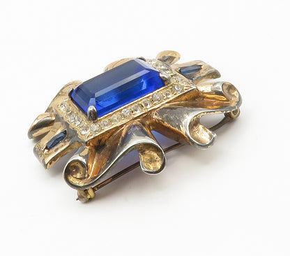 925 Sterling Silver  Vintage Blue Topaz & Cubic Zirconia Brooch Pin  BP5841