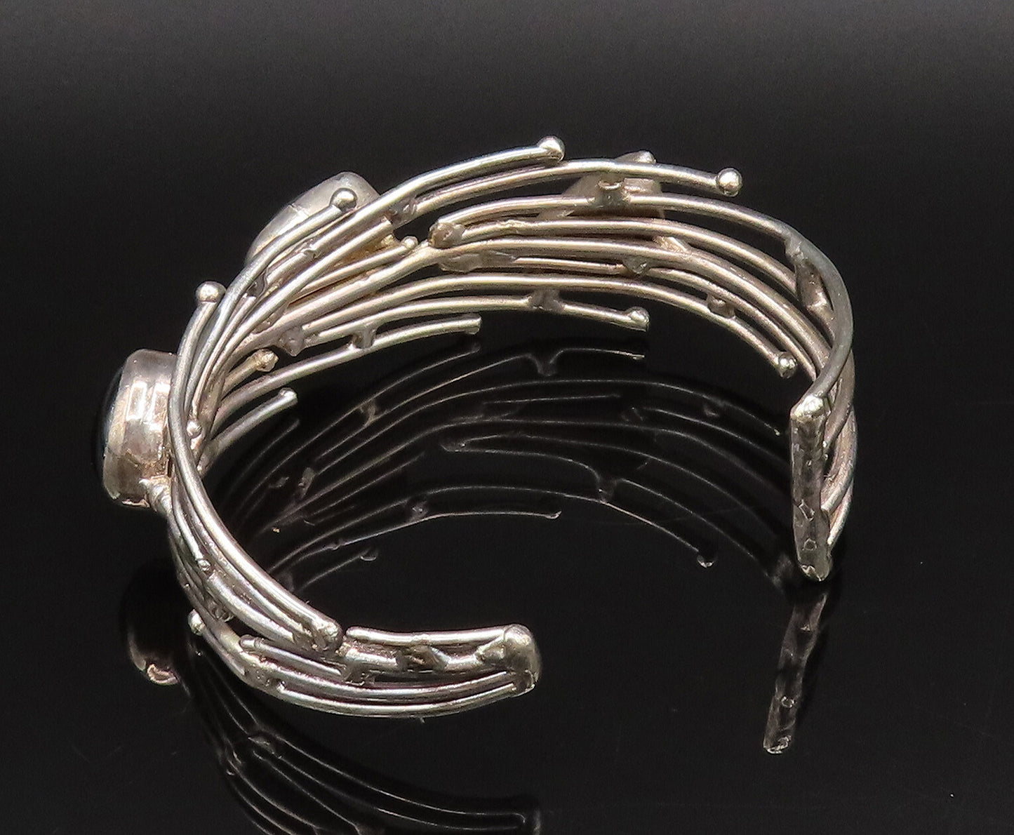 925 Silver  Vintage Multi Shaped Black Onyx Open Rows Cuff Bracelet BT9665
