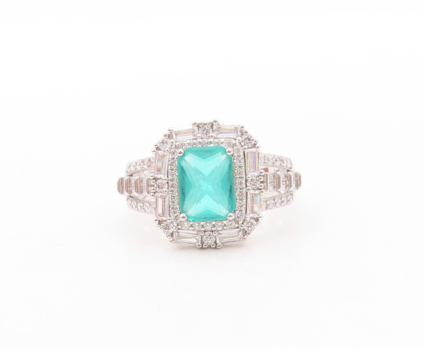 925 Sterling Silver Vintage Ring Rectangle Sea Green Halo White CZ  Sz 7 RG30852