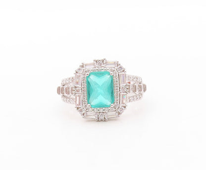 925 Sterling Silver Vintage Ring Rectangle Sea Green Halo White CZ  Sz 7 RG30852