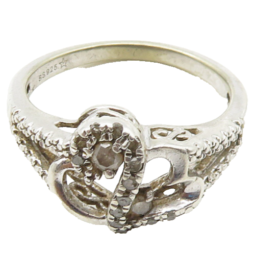 925 Sterling Silver  Vintage Genuine Diamonds Hearts Band Ring Sz 6.5  RG18388