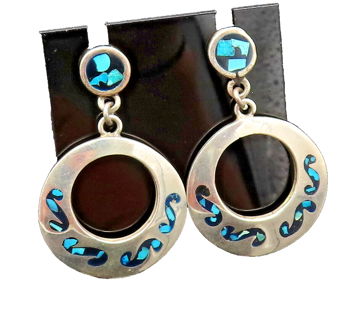 MEXICO 925 Sterling Silver Vintage Turquoise & Onyx Open Circle Earrings EG12250